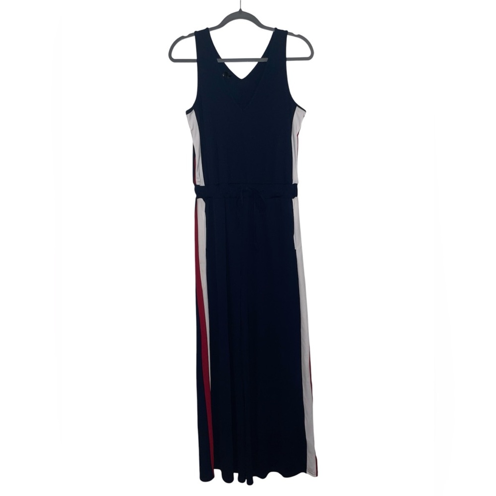 Blue with Red/white side stripes Sleeveless V-Neck Jumpsuit
